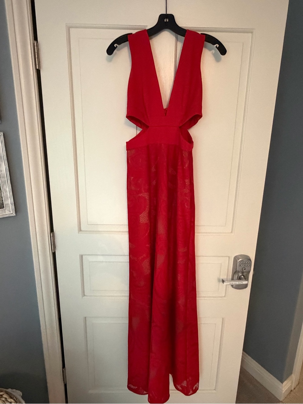 BCBG Red Plunge Maxi Dress with Cutout Waist
